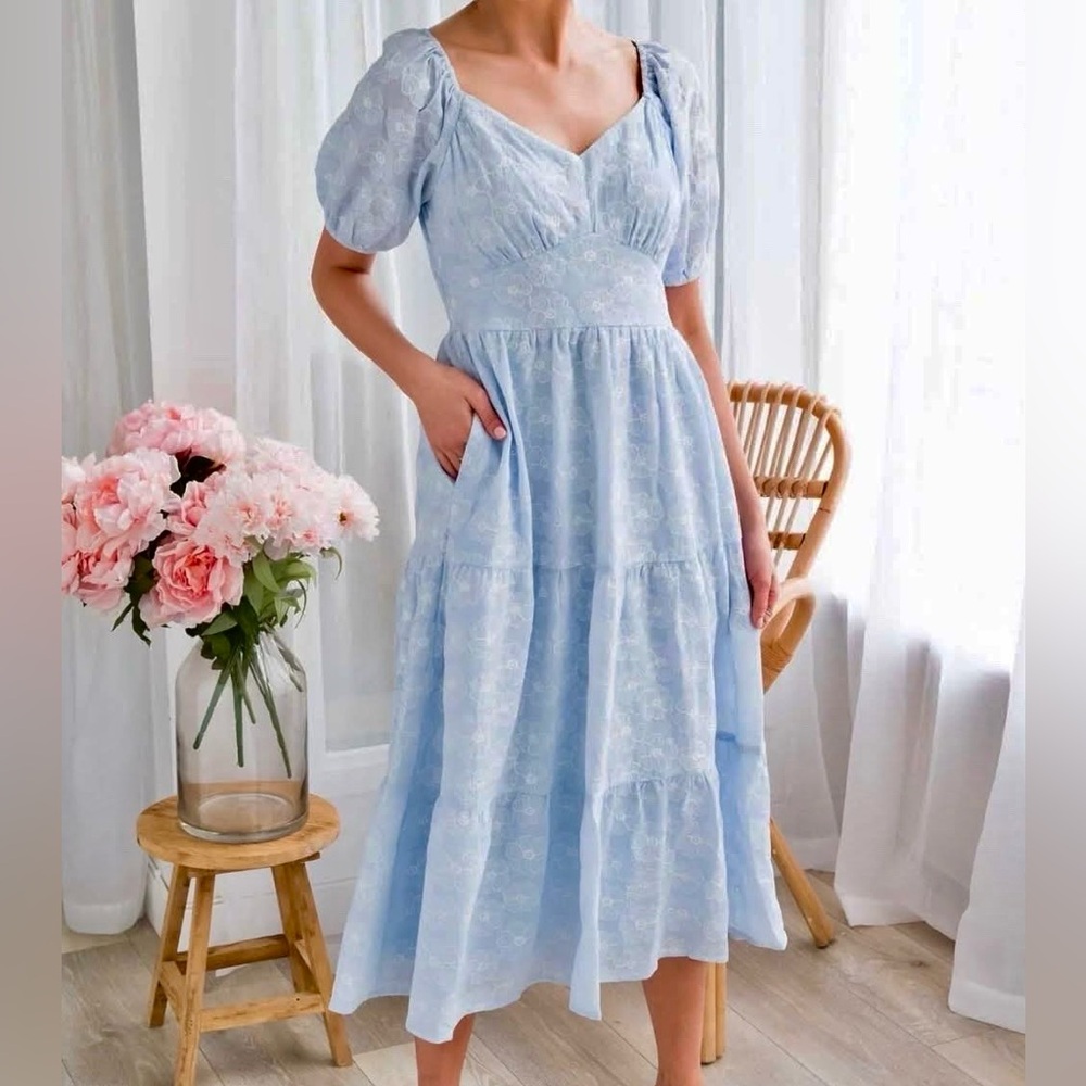 Polagram Light Blue White Floral Dress Milkmaid Puff Sleeves Tiered Addington